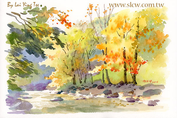 溪谷楓紅_賴英澤 繪_A Ravine With Maple Leaves_painted by Lai Ying-Tse
